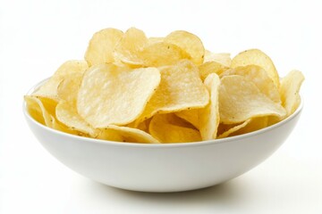 Bowl of crispy potato chips on white background. Neural network AI generated