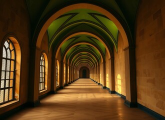 Obraz premium digitally created long hallway with high arches and green ceilings, serene
