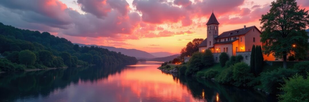 Un tramonto romantico sulle rive del fiume con un villaggio antico, nuvola bassa, piattaforma in legno
