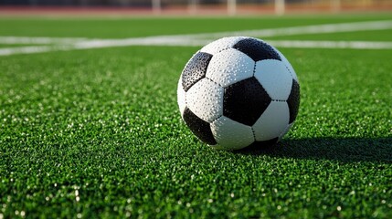 Fototapeta premium A black and white soccer ball, its surface gleaming with a hint of moisture, rested on a vibrant green artificial turf field, ready to embark on a new journey of athleticism and passion.
