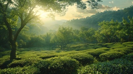 Panoramic landscape with large leaves of tea on a sunny summer day.