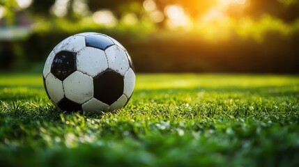 Fototapeta premium A timeless black and white soccer ball, a classic symbol of the beautiful game, rested on a verdant field, ready to ignite a match of passion and skill.