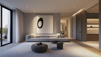 A minimalist living room with soft gray tones, featuring a sleek sofa, abstract artwork, and subtle lighting