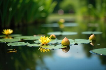 Yellow Nuphar lutea flower pods scattered on calm lake surface with reeds, reeds, botanical photography