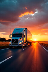 a truck with a trailer is driving on the road.created with the help of artificial intelligence.