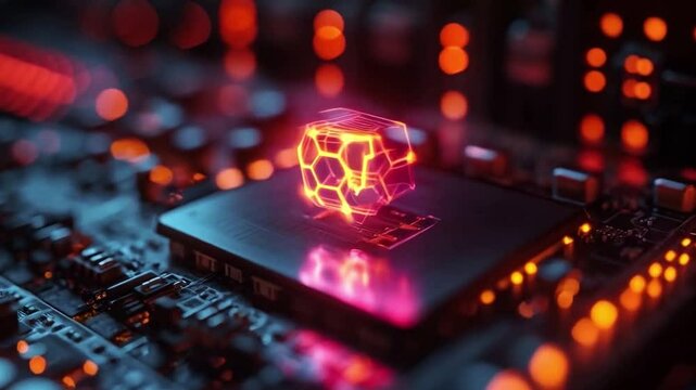 A striking depiction of quantum computing elements, showcasing a qubit in superposition and entanglement on a circuit board. The radiant lights convey the complexity of decoherence.
