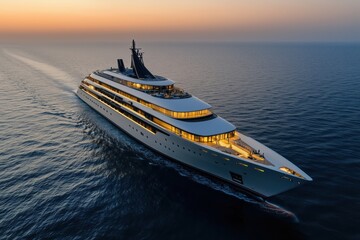 Luxury yacht cruising on open sea at sunset