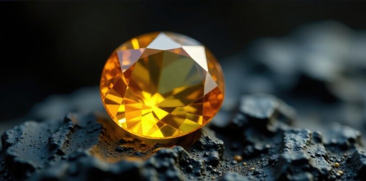 Yellow topaz gemstone sample with inclusions on black matrix, stone, mineral