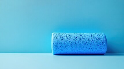 Obraz premium A vibrant blue foam roller, a symbol of relaxation and rejuvenation, rests on a pristine light blue surface within a serene wellness studio, inviting viewers to embrace the tranquility of self-care.