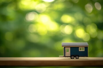 Miniature wheeled home set against a blurred green backdrop.