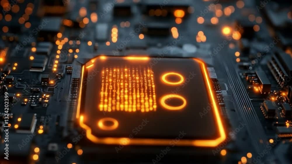 Fototapete Quantum circuit showcases qubits in superposition and entanglement, displaying intricate gates and state changes, highlighting patterns of coherence across a futuristic motherboard layout.