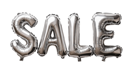 Four sleek silver foil balloons spelling sale image isolated transparent. Luxury promotion baloons cut out photo png. Retail marketing ballons cutout element object photography