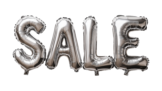 Four sleek silver foil balloons spelling sale image isolated transparent. Luxury promotion baloons cut out photo png. Retail marketing ballons cutout element object photography