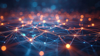 Abstract network connections digital technology orange blue glow web data mesh light lines nodes