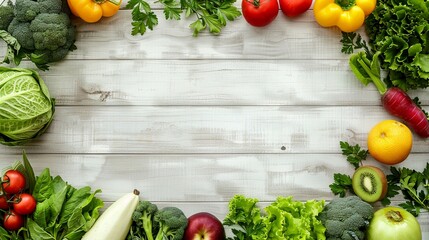 Fresh fruits and vegetables arranged in frame image copy space. Ingredients of healthy dinner banner background blurred. Enjoying fresh farm food concept photography copyspace