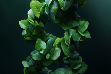 A vibrant green DNA strand intertwined with fresh leaves, symbolizing the connection between nature and genetics.