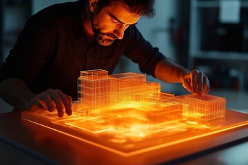Architect manipulating a glowing orange 3d building model on an interactive touchscreen table in a darkened room, highlighting innovative architectural design possibilities