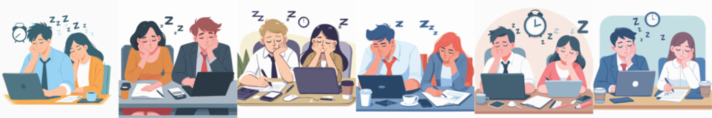 Vector of Man and woman sleeping while working