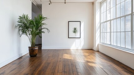 A white-walled room with brown wood floors shows a plant in a vase and a framed picture.
