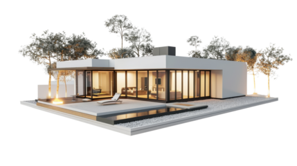 Modern luxury villa with swimming pool and fire pit on transparent background