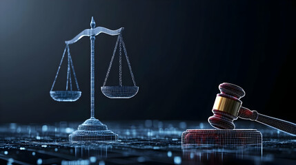 Digital Representation Of The Scales Of Justice And Wooden Gavel on Blue Circuit Board Background