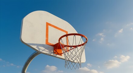 Basketball Hoop Against a Bright Blue Sky with Fluffy White Clouds, Sports Equipment, Recreation Outdoors