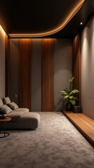 Fototapeta premium A modern living room with a dark ambiance featuring acoustic panels and wooden accents.