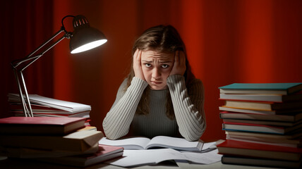 Teenage girl sits at desk, head in hands, surrounded by stacks of books under a desk lamp, depicting stress and academic pressure