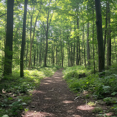 Fototapeta premium Forest path with lush trees and green foliage, light shining
