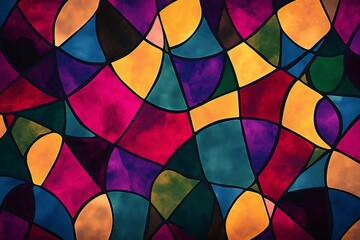 Fototapeta premium Abstract stained glass inspired design featuring bold jewel tones with intricate geometric shapes and rich, vibrant colors