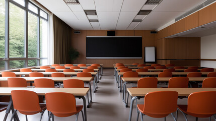 Large auditorium with many chairs and projection screen