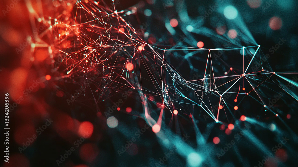 Poster abstract red and teal network connection lines digital art background web data design modern future