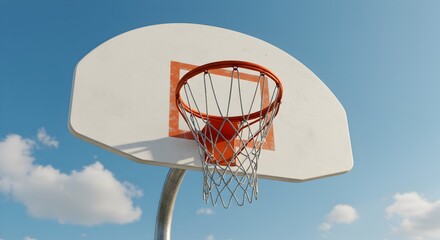 Basketball hoop against blue sky and fluffy clouds, sport equipment