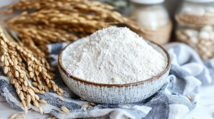 Flour in bowl, with rice stalks, on a table