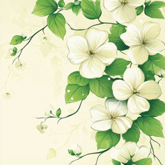 Fototapeta premium Beautiful white flowers with green leaves on soft pastel background create serene and calming atmosphere. This floral design is perfect for various decorative purposes