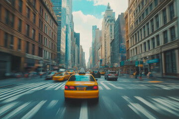 Naklejka premium Yellow taxi cab speeding through a bustling city street, capturing the essence of urban life with dynamic motion blur