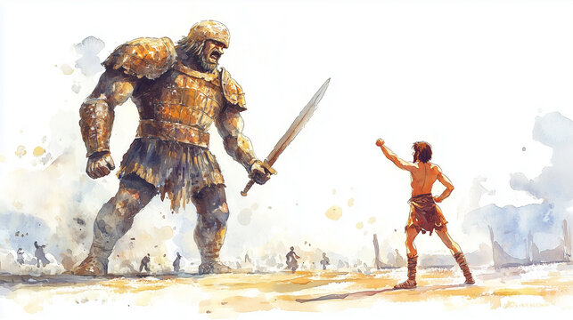 Watercolor Illustration of David Facing Goliath in Ancient Battle