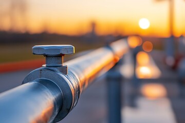 Close-up of a Steel Valve on a Pipe with a Beautiful Sunset Background