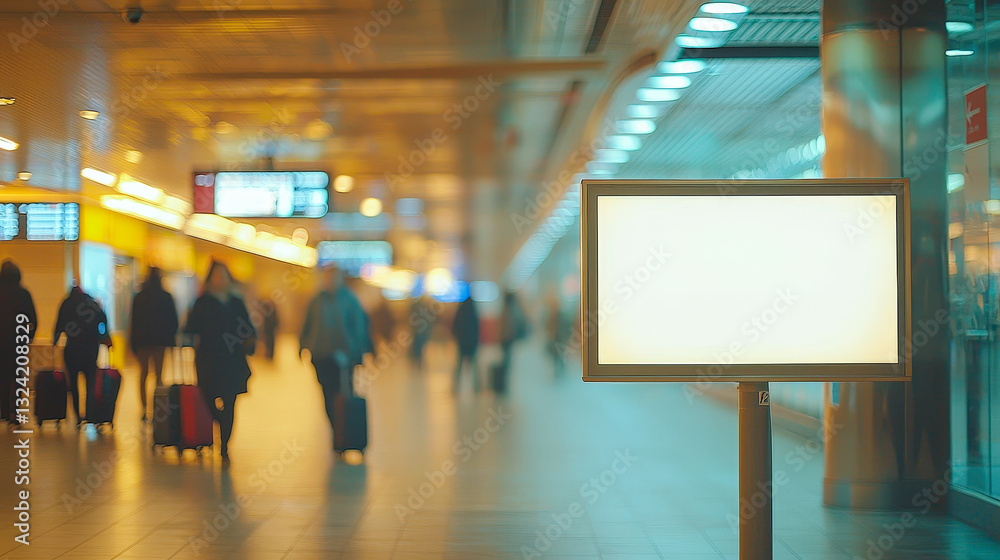 Poster crowds of travelers with suitcases move through a bustling airport terminal as early evening light i