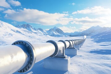 Steel Pipeline Stretching Across a Snowy Mountain Landscape Under a Clear Blue Sky