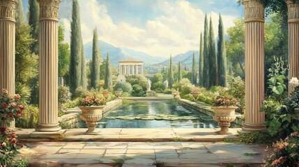 Beautiful 3D wallpaper showing hand-painted Roman garden scenes.
