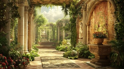 Fototapeta premium Beautiful 3D wallpaper showing hand-painted Roman garden scenes. 