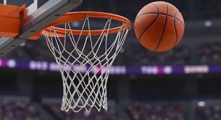 Basketball soars through the air towards the hoop in a vibrant stadium setting, ready to score