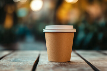 Brown paper coffee cup on rustic wooden table outdoors hot cafe cozy food drink relax image photo
