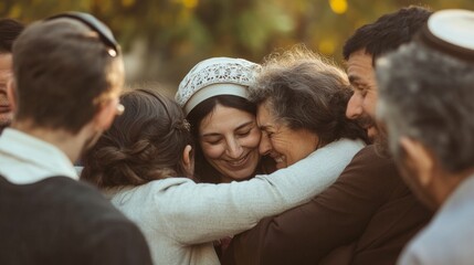 Fototapeta premium Heartwarming reunion of friends and family after breaking the Yom Kippur fast in a joyful outdoor setting