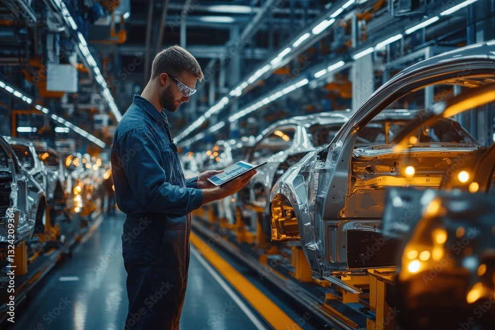 Poster a worker in a blue jumpsuit examines components on a tablet while standing among partially assembled