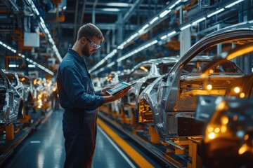 Fototapeta premium A worker in a blue jumpsuit examines components on a tablet while standing among partially assembled cars in a well-lit factory, highlighting industrial activity
