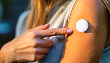 woman pointing at a small white round insulin diabetes sensor on upper arm