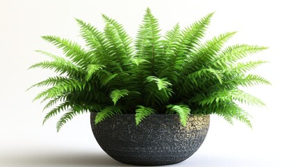 A vibrant green fern, its fronds reaching towards the heavens like emerald plumes, gracefully nestled in a dark, ornate pot, exuding an aura of tranquility and sophistication.