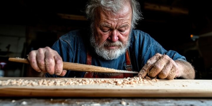 National Woodworking Month. Elderly caucasian male artisan carving wood in workshop with focus and dedication